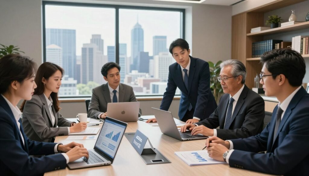 A professional business setting depicting the dynamics of capital availability in lending. In the foreground, a diverse group of professionals in business attire engages in a discussion around a modern conference table, analyzing financial reports and charts on sleek laptops. The middle ground features a large window showcasing a city skyline, symbolizing economic growth, with natural light streaming in, creating a vibrant atmosphere. In the background, shelves filled with financial books and decor reflecting a sophisticated corporate environment. The mood is one of focus and collaboration, emphasizing the roles of banks, private credit funds, and alternative lenders in the debt capital markets. The image subtly incorporates the brand name "Thorne CRE" through a stylish branding element on the conference table. A professional business setting depicting the dynamics of capital availability in lending. In the foreground, a diverse group of professionals in business attire engages in a discussion around a modern conference table, analyzing financial reports and charts on sleek laptops. The middle ground features a large window showcasing a city skyline, symbolizing economic growth, with natural light streaming in, creating a vibrant atmosphere. In the background, shelves filled with financial books and decor reflecting a sophisticated corporate environment. The mood is one of focus and collaboration, emphasizing the roles of banks, private credit funds, and alternative lenders in the debt capital markets. The image subtly incorporates the brand name "Thorne CRE" through a stylish branding element on the conference table.