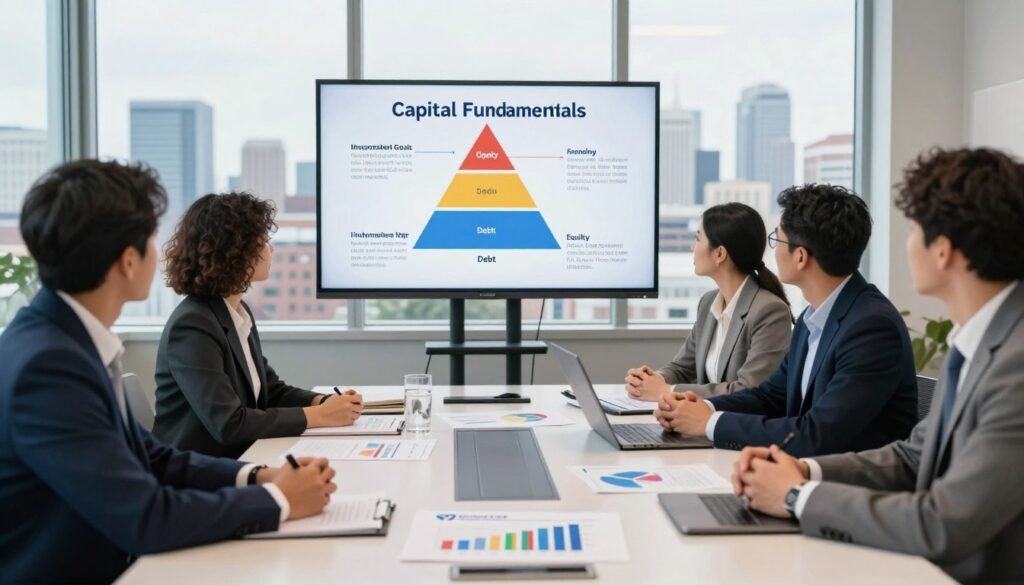 A professional business setting featuring a diverse group of individuals in business attire, engaged in a discussion around a modern conference table, symbolizing the capital stack fundamentals. In the foreground, detailed charts and graphs displaying the components of capital stack, equity, and debt financing. The middle ground includes a large digital screen showing visual representations of investment goals and strategies, with annotations emphasizing Wisconsin CRE dynamics. The background features floor-to-ceiling windows providing a panoramic view of a Wisconsin skyline. Bright, natural lighting enhances a collaborative atmosphere, while a slight depth of field focuses on the participants. The logo of "Thorne CRE" is subtly included in the meeting materials. The scene conveys a mood of professionalism, teamwork, and strategic planning in real estate investment.
