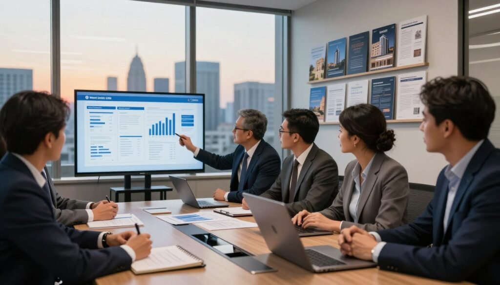 A professional business setting focused on hotel investment financial modeling. In the foreground, a diverse group of investors and developers, dressed in business attire, gathered around a sleek conference table. They are analyzing charts and graphs displayed on a digital screen, a large notebook with notes and a laptop open beside them. The middle ground features a modern office environment, with floor-to-ceiling windows showcasing a city skyline in soft evening light, casting a warm glow. In the background, high-end hotel brochures and financial reports are neatly arranged, symbolizing the decision-making process. The atmosphere is serious yet collaborative, reflecting determination and focus on financial growth in the hospitality industry. Thorne CRE logo subtly integrated in the conference room display. A professional business setting focused on hotel investment financial modeling. In the foreground, a diverse group of investors and developers, dressed in business attire, gathered around a sleek conference table. They are analyzing charts and graphs displayed on a digital screen, a large notebook with notes and a laptop open beside them. The middle ground features a modern office environment, with floor-to-ceiling windows showcasing a city skyline in soft evening light, casting a warm glow. In the background, high-end hotel brochures and financial reports are neatly arranged, symbolizing the decision-making process. The atmosphere is serious yet collaborative, reflecting determination and focus on financial growth in the hospitality industry. Thorne CRE logo subtly integrated in the conference room display.