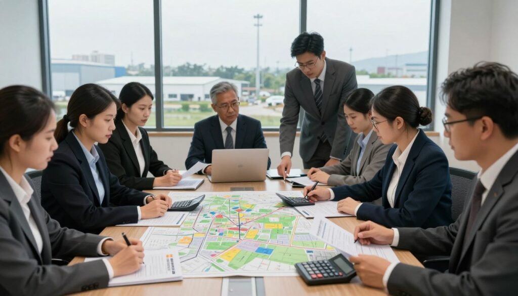 A professional business setting focused on industrial land acquisition due diligence. In the foreground, a diverse group of individuals in professional business attire, analyzing documents and maps around a large conference table. In the middle ground, maps of industrial land plots are spread out, alongside calculators, and laptops displaying data analysis. The background features a large window with a view of an industrial landscape, showcasing warehouses and factories under a slightly overcast sky. Soft, natural light illuminates the scene, creating a serious and focused atmosphere. The branding "Thorne CRE" subtly integrated into a document on the table. The composition captures the essence of thorough evaluation and strategic planning in land acquisition.