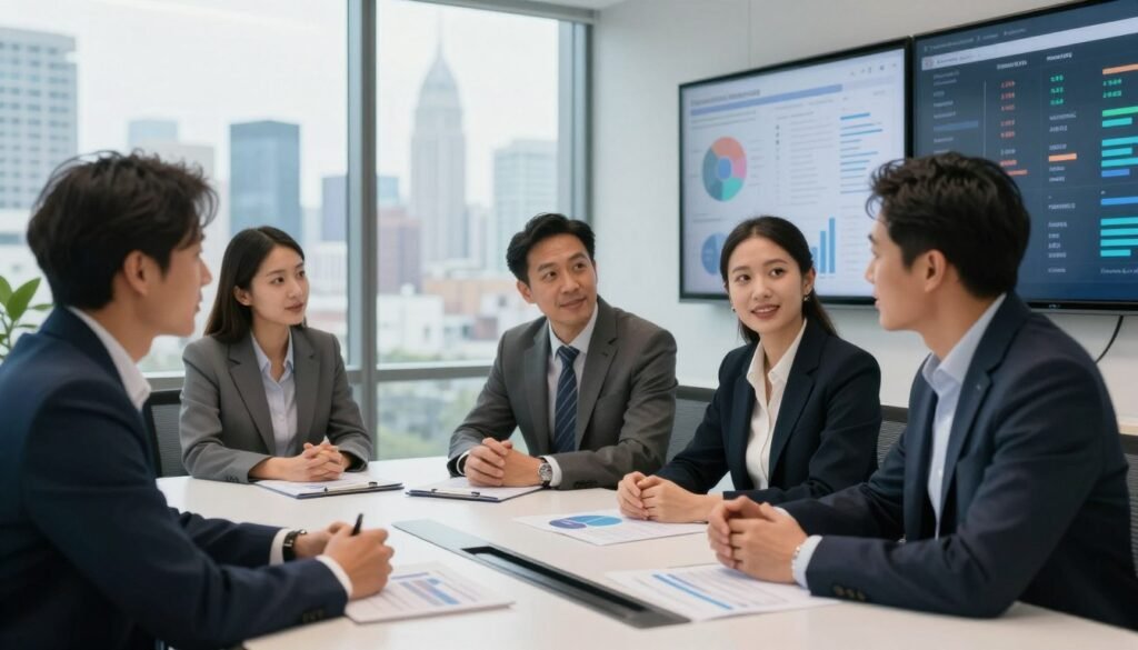 A professional business setting focused on tenant quality assessment for IOS investments. In the foreground, a diverse group of three business professionals, dressed in smart business attire, engaged in a collaborative discussion around a sleek, modern conference table filled with charts and tenant evaluation reports. The middle ground features a large glass window showcasing a city skyline, conveying a sense of urban investment opportunity. The background is adorned with large displays of tenant analytics and market data, adding depth. Soft, diffused natural light illuminates the scene, creating a confident and hopeful atmosphere. The lens captures a dynamic angle, emphasizing teamwork and analysis. The brand "Thorne CRE" is subtly integrated into the setting, adding context without overpowering the image. A professional business setting focused on tenant quality assessment for IOS investments. In the foreground, a diverse group of three business professionals, dressed in smart business attire, engaged in a collaborative discussion around a sleek, modern conference table filled with charts and tenant evaluation reports. The middle ground features a large glass window showcasing a city skyline, conveying a sense of urban investment opportunity. The background is adorned with large displays of tenant analytics and market data, adding depth. Soft, diffused natural light illuminates the scene, creating a confident and hopeful atmosphere. The lens captures a dynamic angle, emphasizing teamwork and analysis. The brand "Thorne CRE" is subtly integrated into the setting, adding context without overpowering the image.