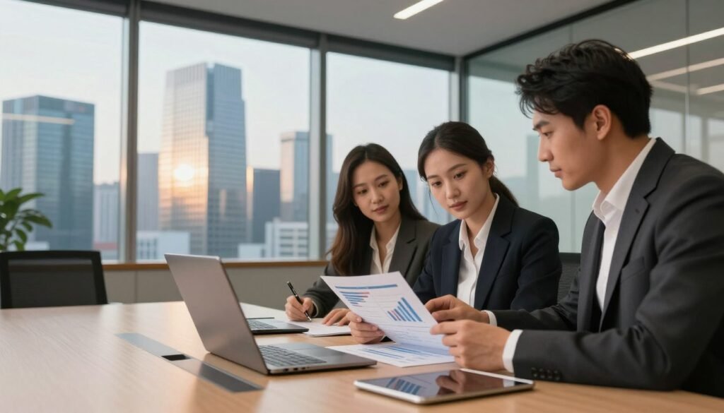A professional business setting illustrating commercial real estate financing. In the foreground, a well-dressed businesswoman and businessman are examining financial documents and graphs on a conference table. They're surrounded by high-tech laptops and tablets. In the middle, a large window reveals a modern city skyline, with skyscrapers reflecting the afternoon sun, enhancing a sense of prosperity. The background features a sophisticated office with glass walls and minimalist decor, symbolizing professionalism and clarity. Soft, warm lighting fills the room, creating a welcoming atmosphere. The angles capture a dynamic perspective of collaboration and strategy. The overall mood conveys confidence and ambition in today's competitive market, focusing on financial growth and structured loan solutions. A professional business setting illustrating commercial real estate financing. In the foreground, a well-dressed businesswoman and businessman are examining financial documents and graphs on a conference table. They're surrounded by high-tech laptops and tablets. In the middle, a large window reveals a modern city skyline, with skyscrapers reflecting the afternoon sun, enhancing a sense of prosperity. The background features a sophisticated office with glass walls and minimalist decor, symbolizing professionalism and clarity. Soft, warm lighting fills the room, creating a welcoming atmosphere. The angles capture a dynamic perspective of collaboration and strategy. The overall mood conveys confidence and ambition in today's competitive market, focusing on financial growth and structured loan solutions.