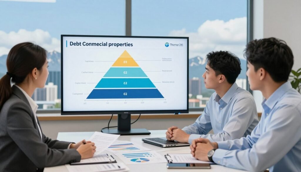 A professional business setting illustrating debt planning for commercial properties in Montana. In the foreground, a diverse group of three professionals in business attire, including a woman in a tailored suit, and two men in smart dress shirts, gather around a large table covered with financial documents and charts. In the middle, a large screen displays a visual representation of a capital stack, with clear labels and dynamic graphs. The background features a window with a view of the Montana skyline and mountains under a bright blue sky. Soft, diffused lighting creates a focused, productive atmosphere, while a slight depth of field blurs the more distant elements. The logo "Thorne CRE" is subtly integrated into the scene, enhancing the professional tone of the image.