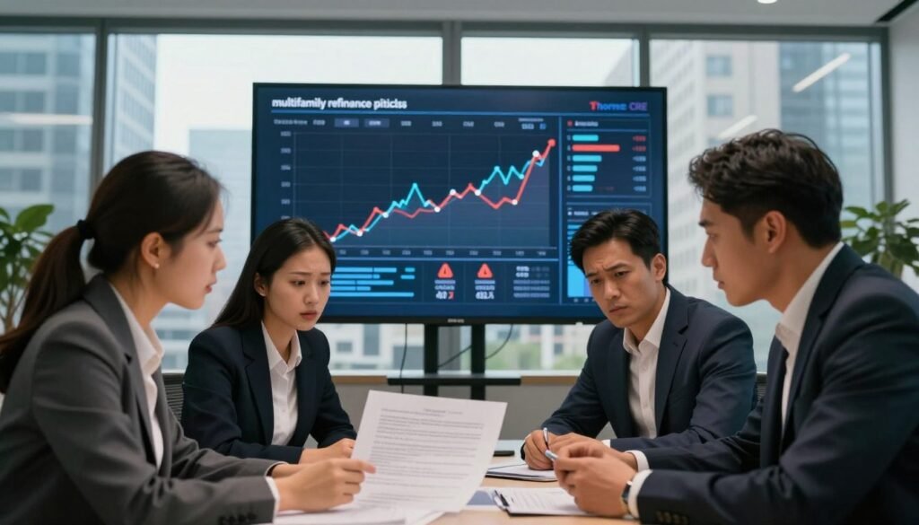 A professional business setting illustrating "multifamily refinance pitfalls." In the foreground, a diverse group of three business professionals dressed in smart attire are gathered around a table, scrutinizing a complex document with concerned expressions. The middle ground features a large digital display showing fluctuating graphs and symbols representing refinancing statistics, with highlighted red warning icons. In the background, a modern office skyline is visible through large glass windows, suggesting an urban multifamily landscape. The lighting is bright and focused on the table, creating a serious and contemplative atmosphere. Use a wide-angle lens to capture both the intensity of the discussion and the sophisticated office environment. Include the brand name "Thorne CRE" subtly integrated in the office space design elements.