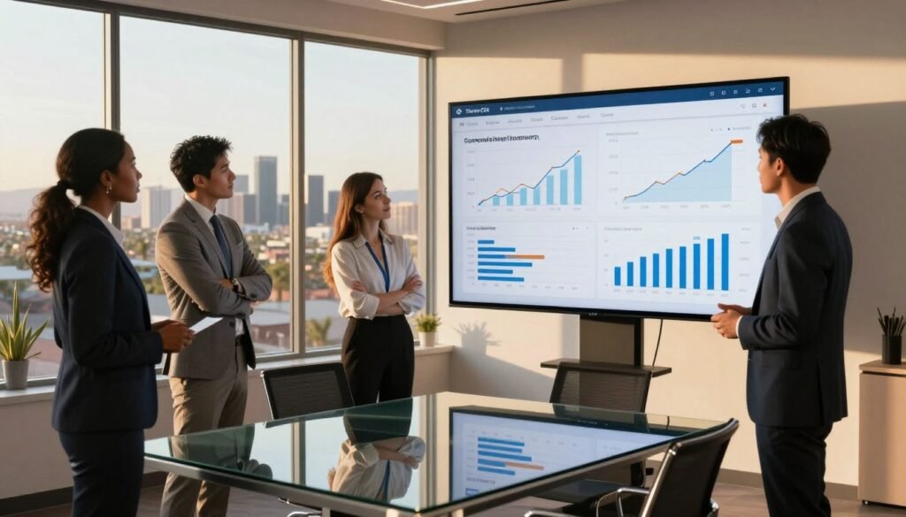 A professional business setting illustrating the concept of commercial real estate performance. In the foreground, a diverse group of four professionals in business attire (a Black woman, a Hispanic man, a Caucasian woman, and an Asian man) is gathered around a large digital screen displaying charts and graphs of Arizona commercial property performance. In the middle, sleek, modern office furniture with a glass table reflects the advanced analytics of real estate data. The background shows a panoramic window with a view of Arizona’s skyline and desert landscape, drenched in warm golden hour light that casts soft shadows. The atmosphere is dynamic and collaborative, showcasing a spirit of innovative investment strategies. Include the brand name "Thorne CRE" subtly displayed on the digital screen. A professional business setting illustrating the concept of commercial real estate performance. In the foreground, a diverse group of four professionals in business attire (a Black woman, a Hispanic man, a Caucasian woman, and an Asian man) is gathered around a large digital screen displaying charts and graphs of Arizona commercial property performance. In the middle, sleek, modern office furniture with a glass table reflects the advanced analytics of real estate data. The background shows a panoramic window with a view of Arizona’s skyline and desert landscape, drenched in warm golden hour light that casts soft shadows. The atmosphere is dynamic and collaborative, showcasing a spirit of innovative investment strategies. Include the brand name "Thorne CRE" subtly displayed on the digital screen.