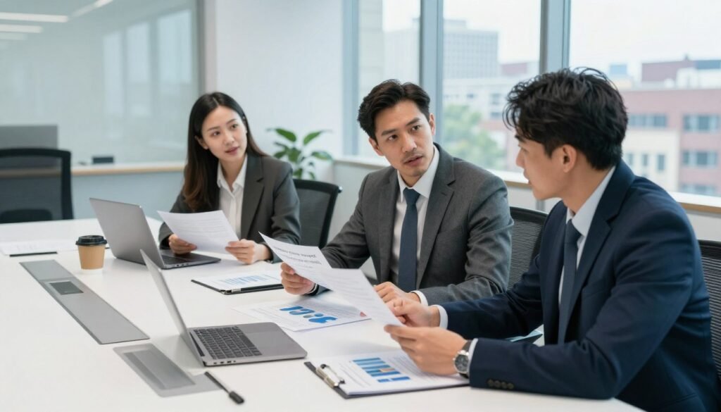 A professional business setting illustrating the concept of "lending services needs." In the foreground, a diverse group of three business professionals (two men and one woman) dressed in formal business attire, engaged in an animated discussion, examining documents and financial reports. The middle ground features a modern conference table adorned with laptops, financial charts, and a coffee set. The background includes a sleek office environment with large windows showcasing a cityscape of Delaware, allowing natural light to flood the space. The overall atmosphere is collaborative and focused, reflecting strategic decision-making. Shot with a wide-angle lens to capture the essence of teamwork, highlighting expressions of engagement and determination. Bright, professional lighting to enhance clarity and create an inviting ambiance.