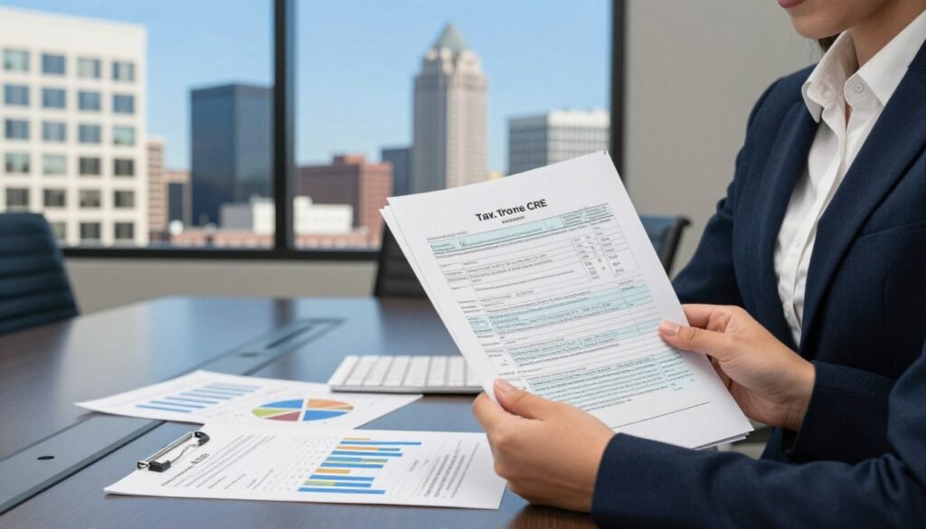 A professional business setting illustrating the concept of taxes in real estate finance. In the foreground, a confident businesswoman in formal attire, holding a stack of financial documents with tax forms displayed prominently. In the middle ground, a sleek conference table with charts and graphs depicting tax rates and compliance metrics related to debt financing. In the background, a large window showing a cityscape of Indiana, with modern buildings reflecting a clear blue sky, symbolizing growth and opportunity. The lighting is bright and focused on the table, creating a serious yet optimistic atmosphere. Incorporate the brand name "Thorne CRE" subtly into the scene, perhaps as a logo on the documents. The overall mood conveys professionalism, strategy, and careful financial planning.