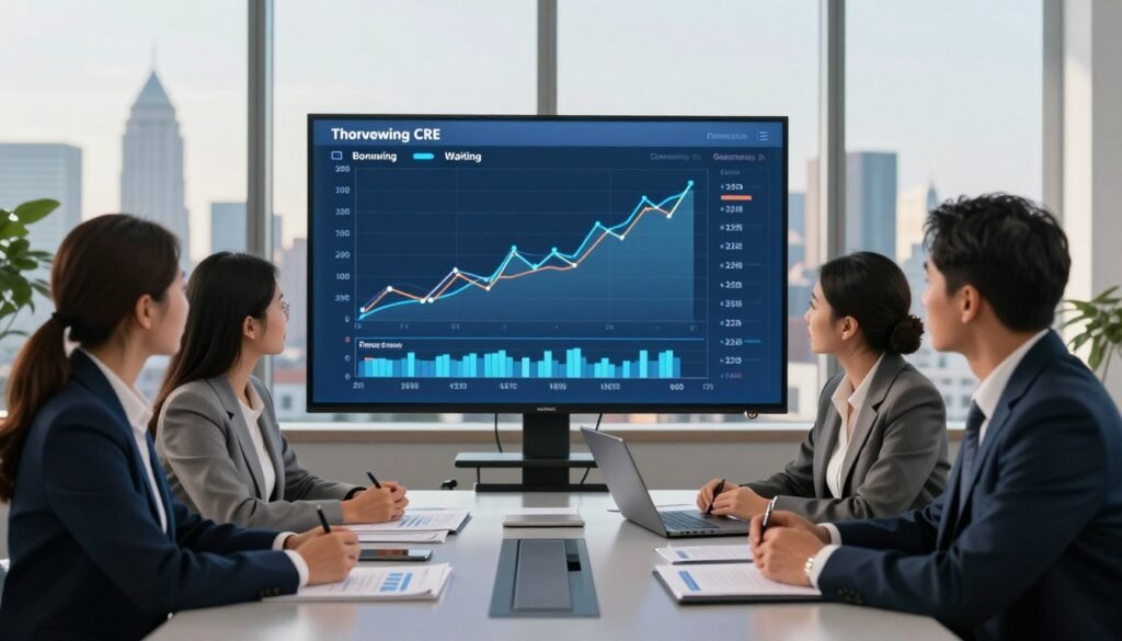 A professional business setting illustrating the concepts of timing and cash flow in commercial real estate (CRE). In the foreground, a diverse group of three business professionals, dressed in smart business attire, engages in a discussion around a sleek, modern conference table, with financial documents and charts spread out before them. In the middle, a large digital screen displays dynamic graphs of cash flow trends and timelines, visually contrasting periods of borrowing versus waiting. In the background, large windows provide a panoramic view of a city skyline bathed in warm afternoon light, symbolizing growth and opportunity. The mood is focused and collaborative, evoking strategic planning and decision-making, with the brand name "Thorne CRE" subtly incorporated into the design elements.