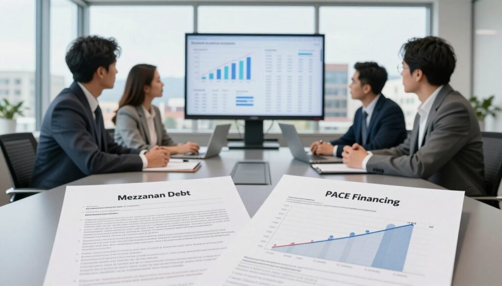 A professional business setting illustrating the contrast between mezzanine debt and PACE financing for value-add projects. In the foreground, two polished and detailed financial documents labeled "Mezzanine Debt" and "PACE Financing" on a sleek conference table. The middle ground features a diverse group of four professionals in business attire engaging in discussion, analyzing charts and graphs on digital screens that display financial data and growth projections. The background shows an office with large windows flooding the room with natural light, offering a view of Colorado’s urban landscape. The atmosphere is dynamic yet focused, emphasizing collaboration and informed decision-making. No text or logos. Include subtle branding for "Thorne CRE" on the documents and digital screens without making it the focal point. A professional business setting illustrating the contrast between mezzanine debt and PACE financing for value-add projects. In the foreground, two polished and detailed financial documents labeled "Mezzanine Debt" and "PACE Financing" on a sleek conference table. The middle ground features a diverse group of four professionals in business attire engaging in discussion, analyzing charts and graphs on digital screens that display financial data and growth projections. The background shows an office with large windows flooding the room with natural light, offering a view of Colorado’s urban landscape. The atmosphere is dynamic yet focused, emphasizing collaboration and informed decision-making. No text or logos. Include subtle branding for "Thorne CRE" on the documents and digital screens without making it the focal point.