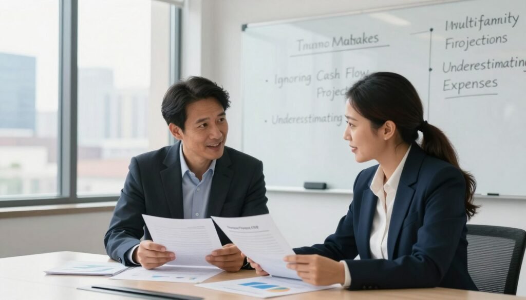 A professional business setting in the foreground featuring two diverse financial advisors, a male and a female, both in professional attire, reviewing documents on a modern conference table filled with graphs and financial reports. In the middle ground, a large window reveals a city skyline, symbolizing growth and opportunity. The background shows a large whiteboard filled with bullet points emphasizing common multifamily financing mistakes, such as "Ignoring Cash Flow Projections" and "Underestimating Expenses." The lighting is bright and natural, filtering through the window, giving the scene a hopeful and educational atmosphere. The composition is shot with a slight depth of field, focusing on the advisors' engaged expressions, emphasizing the importance of avoiding mistakes in multifamily financing. Include the brand name "Thorne CRE" subtly integrated into the setting, enhancing professionalism without distraction.