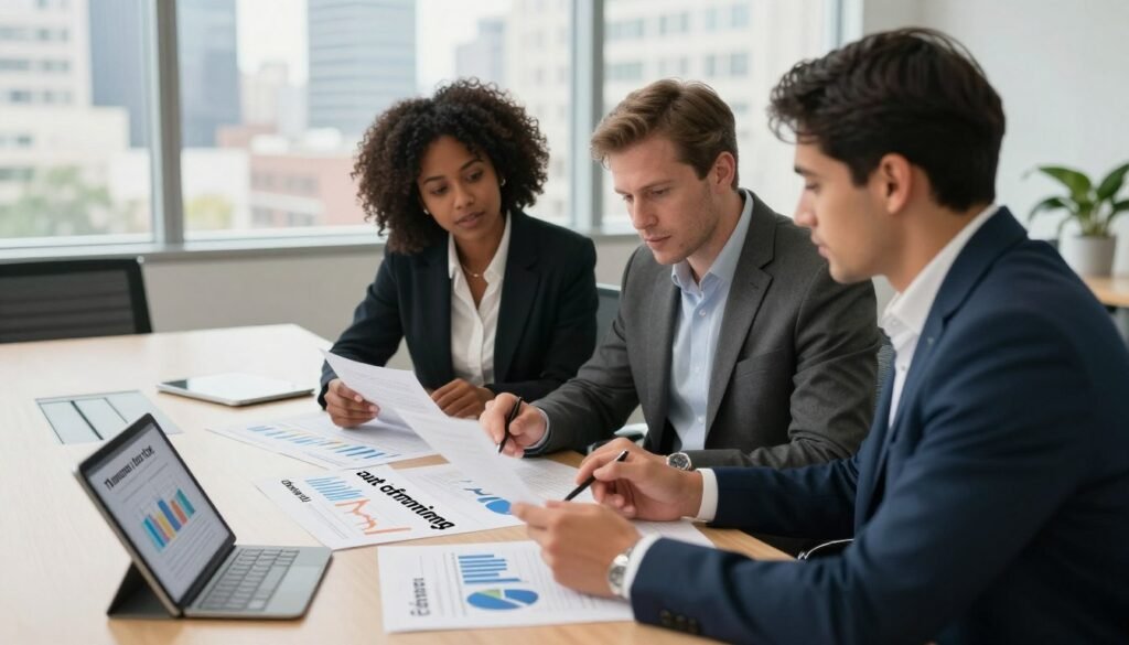 A professional business setting portraying the concept of "cash-out refinance timing" for commercial real estate. In the foreground, a diverse team of three business professionals in smart attire—an African American woman, a Caucasian man, and a Hispanic man—are engaged in a discussion, analyzing documents and a digital tablet. The middle layer features a sleek conference table with financial charts and graphs illustrating refinance strategies. In the background, large windows provide natural light, showcasing a modern city skyline. The atmosphere is dynamic and focused, emphasizing teamwork and strategic planning. Use soft, warm lighting to create an inviting yet professional mood. Capture the scene from a slightly elevated angle to enhance depth and perspective. Incorporate the brand name "Thorne CRE" subtly within the scene, ensuring a cohesive representation of finance and real estate strategy.