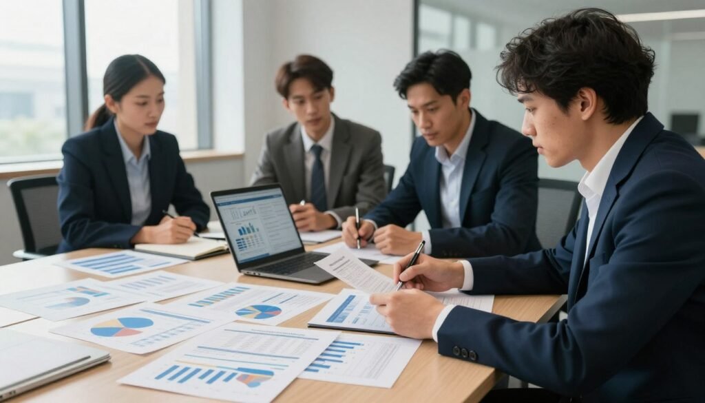 A professional business setting showcasing a diverse group of four individuals engaged in a discussion around a large conference table, analyzing commercial mortgage documents and financial graphs. The foreground features detailed financial documents with charts and rates prominently displayed. In the middle, the group, dressed in smart business attire, is actively collaborating with a laptop open, displaying relevant data. The background includes a modern office environment with large windows allowing soft, natural light to illuminate the scene, casting subtle shadows. The atmosphere is focused and strategic, emphasizing teamwork and informed decision-making in the context of commercial real estate financing. Capture this professional essence from a slightly elevated angle to highlight the table and attendees.