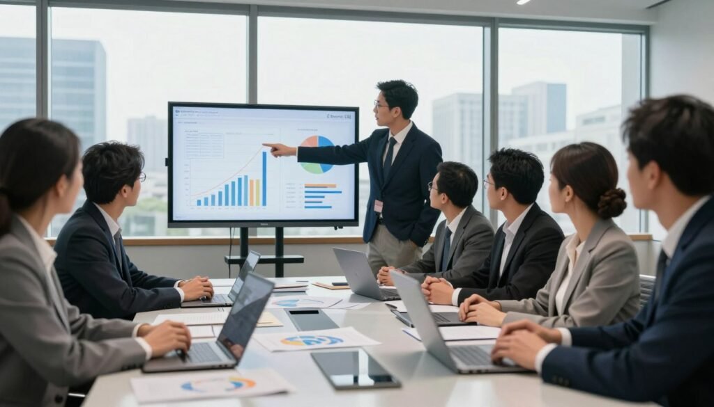 A professional business setting showcasing a feasibility analysis in a modern conference room. In the foreground, a diverse group of business professionals in formal attire, engaged in deep discussion, with one pointing at a large graph displayed on a digital screen. In the middle, various charts and graphs representing data analysis scattered across a sleek glass table, with laptops and notebooks. The background features a large window revealing a city skyline under natural daylight, creating a bright and optimistic atmosphere. Soft, warm lighting enhances focus on the group, with a slightly blurred depth of field for emphasis. The ambiance conveys professionalism, collaboration, and forward-thinking. Include a subtle reference to "Thorne CRE" within the displayed materials without prominent visibility of the brand.