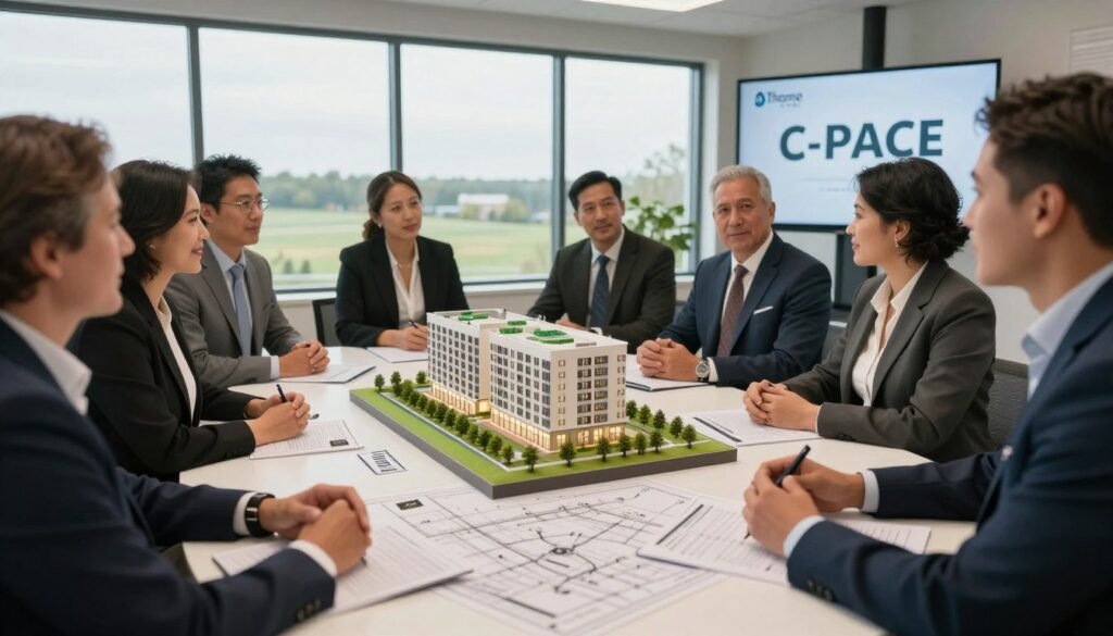 A professional business setting showcasing a multifamily property development in Wisconsin, with a focus on C-PACE financing. In the foreground, a diverse group of professionals in business attire, engaged in a discussion around a large table filled with blueprints and financial documents. In the middle, a detailed architectural model of a multifamily building, symbolizing the project, with green energy features highlighted. The background features large windows that let in natural light, revealing a scenic view of the Wisconsin landscape. Soft, warm lighting creates a collaborative and optimistic atmosphere. The logo "Thorne CRE" subtly integrated into the meeting space, represented on the documents and presentation screens. The lens reflects a professional, slightly wide-angle perspective, emphasizing teamwork and innovation.