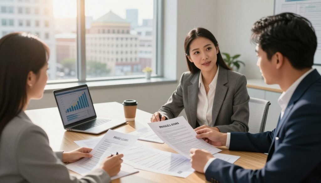 A professional business setting showcasing bridge loans for property. In the foreground, a confident real estate agent in business attire is discussing financial documents with a couple, their expressions focused and engaged. The middle area features a large conference table covered with property listings, a laptop displaying financial graphs, and a coffee cup. In the background, sunlight streams through large windows, illuminating a cityscape of Massachusetts office buildings, symbolizing opportunity and growth. The ambiance is bright and positive, emphasizing strategic financial solutions. Use a slightly elevated angle to capture the essence of collaboration and decision-making. Lighting should be warm and inviting, enhancing the professional atmosphere without being overwhelming. A professional business setting showcasing bridge loans for property. In the foreground, a confident real estate agent in business attire is discussing financial documents with a couple, their expressions focused and engaged. The middle area features a large conference table covered with property listings, a laptop displaying financial graphs, and a coffee cup. In the background, sunlight streams through large windows, illuminating a cityscape of Massachusetts office buildings, symbolizing opportunity and growth. The ambiance is bright and positive, emphasizing strategic financial solutions. Use a slightly elevated angle to capture the essence of collaboration and decision-making. Lighting should be warm and inviting, enhancing the professional atmosphere without being overwhelming.