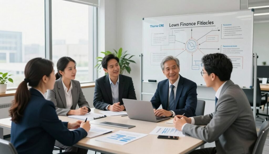 A professional business setting showcasing creative real estate (CRE) financing strategies. In the foreground, a diverse group of four business professionals dressed in smart business attire, engaging in a focused discussion around a modern conference table with financial documents, graphs, and a laptop. In the middle ground, large windows allow natural light to flood the room, illuminating a large whiteboard displaying strategic diagrams of common financing pitfalls and prevention techniques. The background features a sleek office environment with contemporary furniture and plants, emphasizing a collaborative atmosphere. The overall mood is optimistic and strategic, promoting an air of teamwork and problem-solving. The brand name "Thorne CRE" is subtly integrated into the decor, enhancing the professional context of the image.