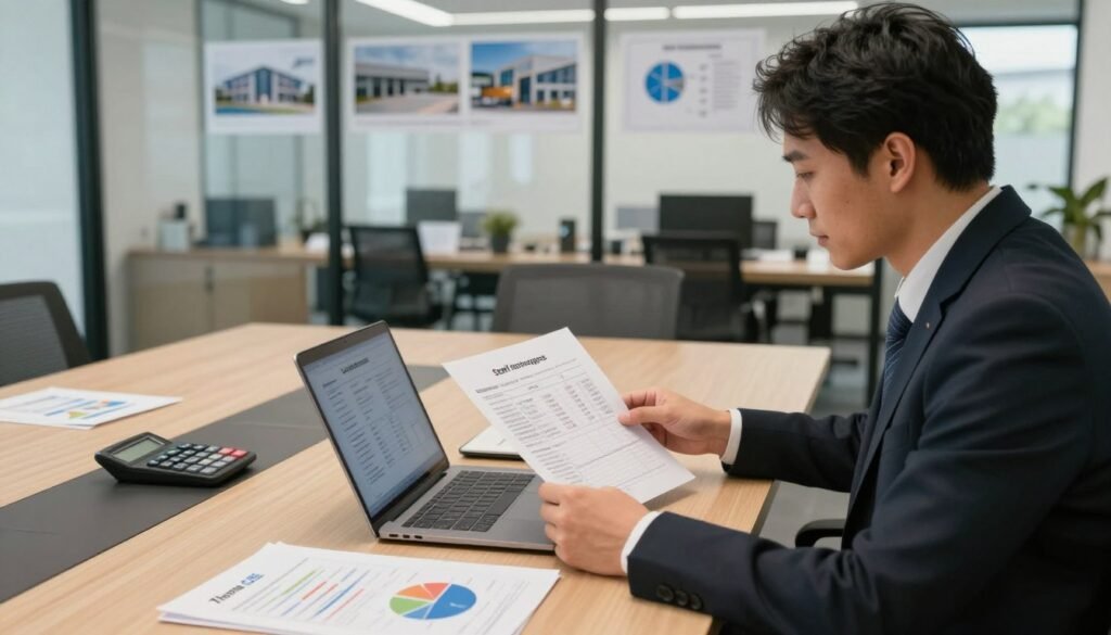 A professional business setting showcasing the underwriting process for self-storage loans. In the foreground, a financial analyst, dressed in business attire, intensely studies a document with financial data while using a laptop. The middle ground features a modern conference table adorned with charts displaying loan options and underwriting criteria, along with a few calculators. In the background, glass walls reveal a well-organized workspace filled with self-storage facility images and blueprints. Soft, natural lighting filters through large windows, creating a warm atmosphere. The camera angle is slightly above eye level, providing a clear view of the analytical process. Incorporate the brand name "Thorne CRE" subtly within the scene, perhaps on a promotional flyer on the table.