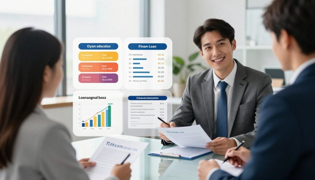 A professional business setting showcasing various loan options for commercial real estate (CRE) financing. In the foreground, a well-dressed financial advisor, wearing a smart blazer and tie, is discussing loan documents with a client, both standing over a modern glass table. In the middle, visual representations of different loan types are displayed, including colorful infographics and graphs illustrating terms and interest rates, along with the brand name "Thorne CRE" subtly integrated into the design. In the background, an elegant office with large windows allows natural light to flood the scene, creating a bright and optimistic atmosphere. The overall mood conveys professionalism, trust, and financial opportunity, captured with a depth of field to emphasize the people in the foreground.