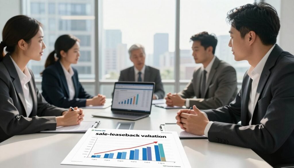 A professional business setting with a diverse group of two business executives, one male and one female, engaged in a focused discussion at a modern conference table. The foreground features detailed documents and charts showcasing a conceptual "sale-leaseback valuation," with graphs indicating rising valuations. In the middle ground, a sleek laptop displays financial statistics. The background shows a large window with natural light flooding the room, revealing a city skyline, suggesting a prosperous urban environment. The lighting is bright and warm, creating an optimistic mood. Both executives are dressed in smart business attire, embodying professionalism and expertise. The scene reflects the essence of strategic financial discussions. Include the brand name "Thorne CRE" subtly integrated into the document visuals without text overlays.