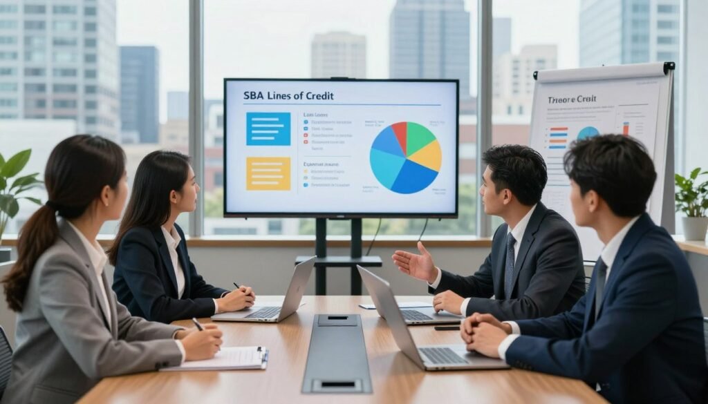 A professional business setting with a polished conference table in the foreground, showcasing a diverse group of four business professionals, both men and women, dressed in business attire, deeply engaged in discussing loan types. In the middle ground, colorful charts and visual representations of different loan types (like SBA loans, lines of credit, and equipment financing) are displayed on screens and flip charts. The background features a large window offering a view of a modern city skyline under bright, natural lighting. The atmosphere is focused and collaborative, emphasizing the importance of matching loan types to business needs, terms, and conditions. The branding of "Thorne CRE" subtly integrated into the decor, enhancing a sense of professionalism.