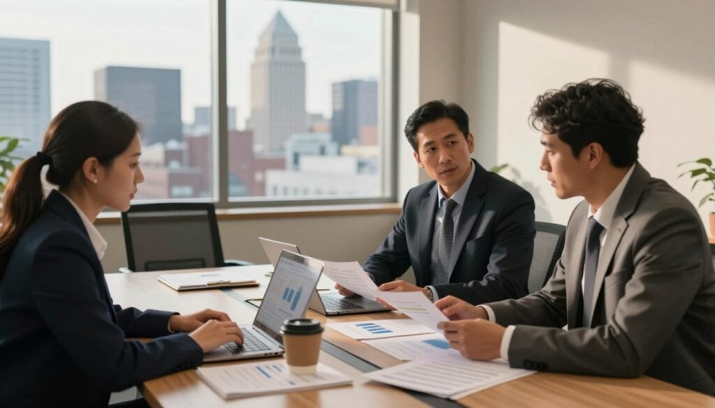 A professional commercial loan process scene set in a modern office environment. In the foreground, a diverse group of three business professionals, dressed in business attire, are engaged in a discussion over financial documents and a laptop. The middle layer features a large conference table cluttered with papers, charts, and a coffee cup, suggesting an in-depth analysis. In the background, large windows let in natural light, casting soft shadows across the room and revealing a city skyline of Hartford, Connecticut. The atmosphere is focused and collaborative, capturing the seriousness of the loan process. The lighting is warm and inviting, emphasizing a productive yet relaxed mood. Use a shallow depth of field to keep the focus on the group while gently blurring the background elements.
