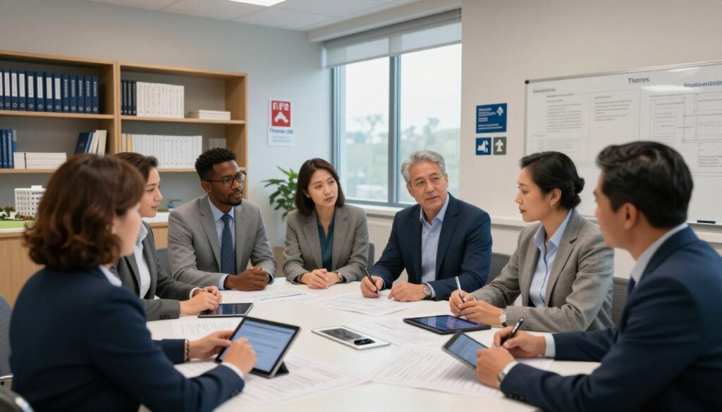 A professional conference room in a renovated healthcare facility, showcasing compliance with building codes. In the foreground, a diverse group of professionals—men and women in business attire—discuss compliance plans, surrounded by blueprints and digital tablets. The middle features a large window that lets in natural light, highlighting architectural elements like fire safety signage and ADA-compliant features. In the background, shelves containing reference books on building codes and healthcare regulations are visible, along with an architectural model of the facility. The atmosphere is focused and collaborative, with warm lighting and a color palette of soft blues and grays. The brand name "Thorne CRE" is subtly integrated into the design elements of the room, reflecting professionalism and innovation in healthcare spaces. A professional conference room in a renovated healthcare facility, showcasing compliance with building codes. In the foreground, a diverse group of professionals—men and women in business attire—discuss compliance plans, surrounded by blueprints and digital tablets. The middle features a large window that lets in natural light, highlighting architectural elements like fire safety signage and ADA-compliant features. In the background, shelves containing reference books on building codes and healthcare regulations are visible, along with an architectural model of the facility. The atmosphere is focused and collaborative, with warm lighting and a color palette of soft blues and grays. The brand name "Thorne CRE" is subtly integrated into the design elements of the room, reflecting professionalism and innovation in healthcare spaces.