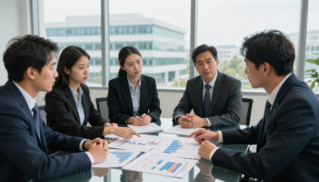 A professional conference room setting bathed in soft, natural light. In the foreground, a diverse group of four business professionals, dressed in smart business attire, are seated around a sleek glass table, deep in discussion about healthcare real estate financing risks. They are pointing at detailed financial charts and graphs spread out on the table, which depict trends and analytics in healthcare property investment. In the background, large windows offer a view of a modern hospital building, symbolizing the focus on healthcare real estate. The atmosphere is serious yet collaborative, emphasizing the importance of evaluating unique financing risks. The brand name "Thorne CRE" is subtly represented in the graphics on the charts. The angle captures both the intensity of the discussion and the context of the industry.