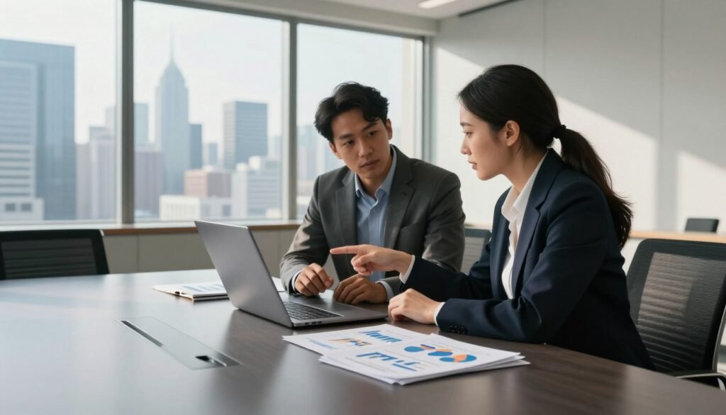 A professional conference room setting featuring a large, modern conference table centered in the foreground with financial documents and a laptop open, showcasing charts and graphs relevant to real estate financing. In the middle ground, two individuals in business attire – a diverse man and woman – are engaged in a discussion, pointing at the laptop screen, symbolizing collaboration on deal structures. The background includes a large window with a view of a metropolitan skyline, casting natural light into the room, creating an atmosphere of transparency and progress. Soft shadows enhance the depth of the scene. The mood is focused and strategic, embodying a professional environment where financing terms and deal structures are actively being developed.