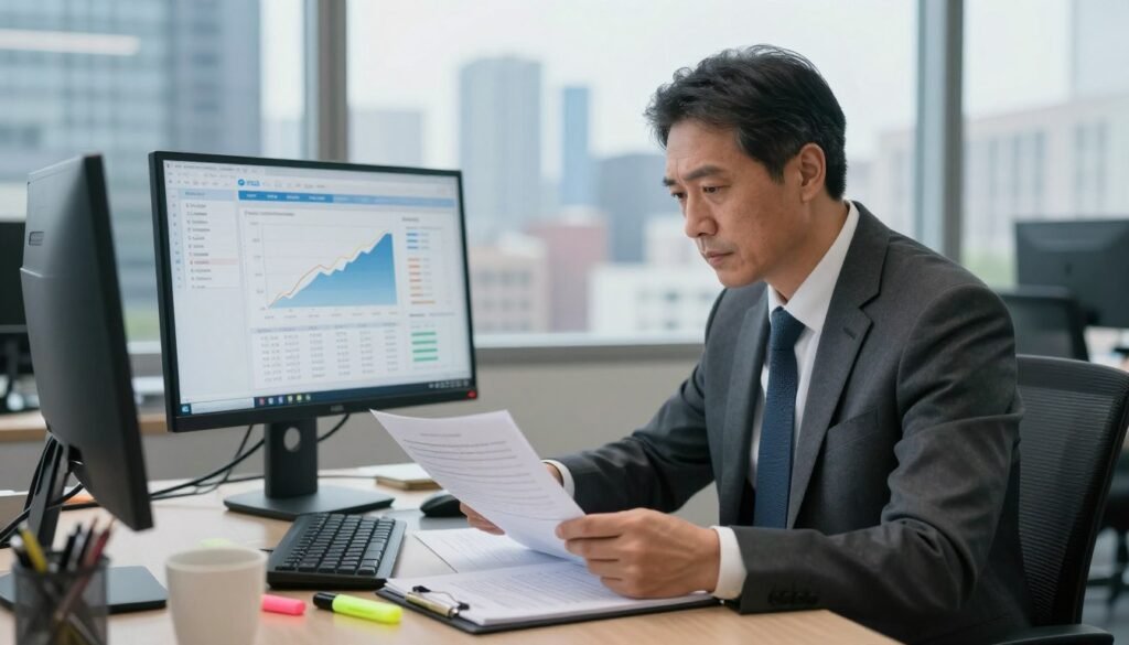 A professional credit risk assessment scene depicting a focused underwriter in a modern office environment. In the foreground, a middle-aged man in a well-fitted suit examines financial documents with a look of concentration, highlighters and notepads scattered around him, suggesting thorough analysis. In the middle ground, a large computer screen displays graphs and charts illustrating credit scores and risk factors. In the background, a panoramic view of a bustling city skyline through large windows, bathed in soft natural light. The atmosphere is serious yet determined, evoking a sense of critical decision-making. The image should highlight the nuances of risk evaluation, with clear organizational details. Thorne CRE logo subtly represented in the office decor.