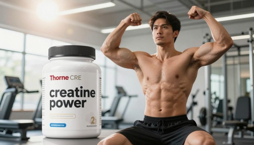 A professional, dynamic image depicting the concept of "creatine power" as it relates to performance and health outcomes. In the foreground, a muscular individual in professional athletic wear demonstrates a powerful pose, symbolizing strength and vitality. The middle ground features a sleek container labeled “Thorne CRE,” emphasizing creatine supplementation and its benefits. In the background, a serene gym environment with bright, natural lighting creates an uplifting atmosphere, suggesting wellness and improvement. The camera angle focuses slightly upward, enhancing the heroic aspect of the subject, while soft lens flares add to the vitality of the scene. The overall mood is energetic and motivational, inspiring a sense of achievement and health awareness.