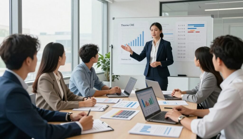 A professional financial advisor in a modern office setting, dressed in business attire, is discussing interest and loan terms with a diverse group of clients. In the foreground, a well-organized table displays financial documents, reports, and a laptop showing graphs and charts related to loan options. The middle layer features the advisor engaging with clients, gesturing towards a large whiteboard filled with graphs and key loan term highlights. The background showcases a sleek office environment with floor-to-ceiling windows allowing natural light to flood in, creating an optimistic atmosphere. The overall mood is focused and collaborative, emphasizing the strategic importance of choosing the right lender. The image subtly includes branding elements of "Thorne CRE" integrated into the office environment without being overt.