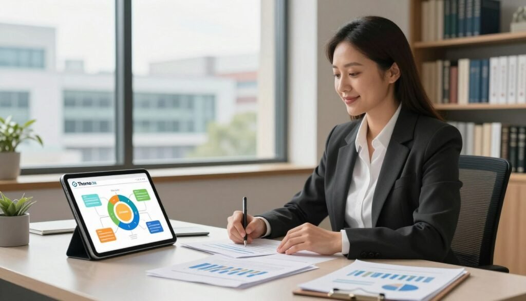 A professional financial advisor in a modern office setting, dressed in business attire, sits at a sleek desk covered with charts and documents related to healthcare funding. In the foreground, a digital tablet displays a colorful infographic illustrating different funding options. The middle ground features a large window with natural light pouring in, showcasing an urban healthcare facility across the street. In the background, shelves filled with finance and healthcare books add a scholarly touch. The atmosphere is focused yet optimistic, conveying a sense of empowerment in navigating funding options. Use warm lighting to create an inviting ambiance. The branding "Thorne CRE" appears subtly on the tablet screen as an illustration of expertise in healthcare financing.