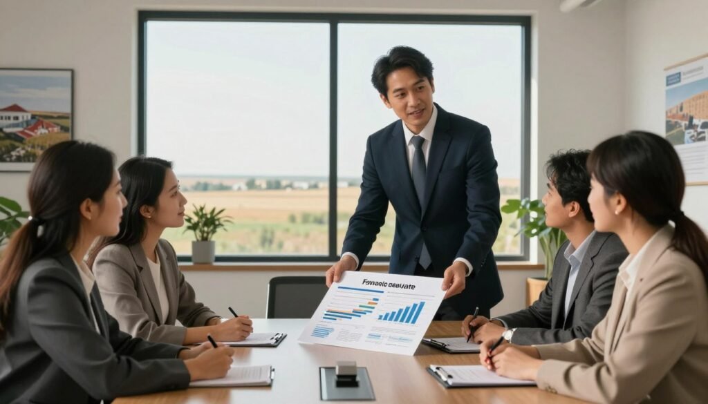 A professional financial advisor in business attire, standing confidently in the foreground, is discussing a detailed commercial real estate loan structure with a couple of interested investors. They are gathered around a sleek, modern conference table, examining a large document displaying graphs and figures related to financing options. The middle ground features a large window showing a view of a North Dakota skyline and agricultural landscape, conveying a sense of opportunity. Soft, natural lighting filters through the glass, creating a warm and inviting atmosphere. The background includes contemporary office decor, such as potted plants and real estate posters, subtly emphasizing the theme of commercial property financing. The image has a professional and optimistic mood, perfect for illustrating strategic finance goals. A professional financial advisor in business attire, standing confidently in the foreground, is discussing a detailed commercial real estate loan structure with a couple of interested investors. They are gathered around a sleek, modern conference table, examining a large document displaying graphs and figures related to financing options. The middle ground features a large window showing a view of a North Dakota skyline and agricultural landscape, conveying a sense of opportunity. Soft, natural lighting filters through the glass, creating a warm and inviting atmosphere. The background includes contemporary office decor, such as potted plants and real estate posters, subtly emphasizing the theme of commercial property financing. The image has a professional and optimistic mood, perfect for illustrating strategic finance goals.