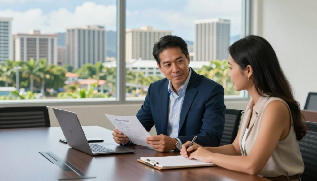 A professional financial advisor sitting at a sleek conference table, reviewing commercial real estate documents with a client. The advisor is a middle-aged Asian man in a tailored navy suit, exuding confidence and expertise. The client, a young Hawaiian woman in business casual attire, appears engaged and focused, with a laptop open in front of her and a notepad in hand. The background features a panoramic view of Honolulu's skyline, with modern buildings and lush greenery. Bright, natural light filters through large windows, creating an inviting and optimistic atmosphere. The camera angle is slightly elevated, capturing both the subjects and the vibrant Hawaiian landscape, emphasizing collaboration and strategic partnership in commercial real estate financing.