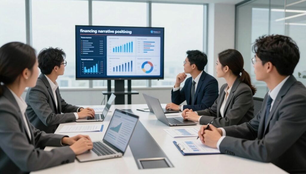 A professional financial analyst sitting at a sleek, modern conference table, engaged in a thoughtful discussion with a diverse team of business professionals, all dressed in smart business attire. The foreground features detailed documents and laptops showcasing financial graphs and project assessments. In the middle, a large digital screen displays key metrics and financial narratives, emphasizing the theme of "financing narrative positioning." The background includes an elegant office with large windows, letting in soft, natural light, creating a bright and optimistic atmosphere. The camera angle captures the team's collaboration from a slightly elevated perspective, conveying an air of innovation and professionalism. The image embodies the essence of Thorne CRE's approach to evaluating projects, focusing on teamwork, analysis, and strategic planning.