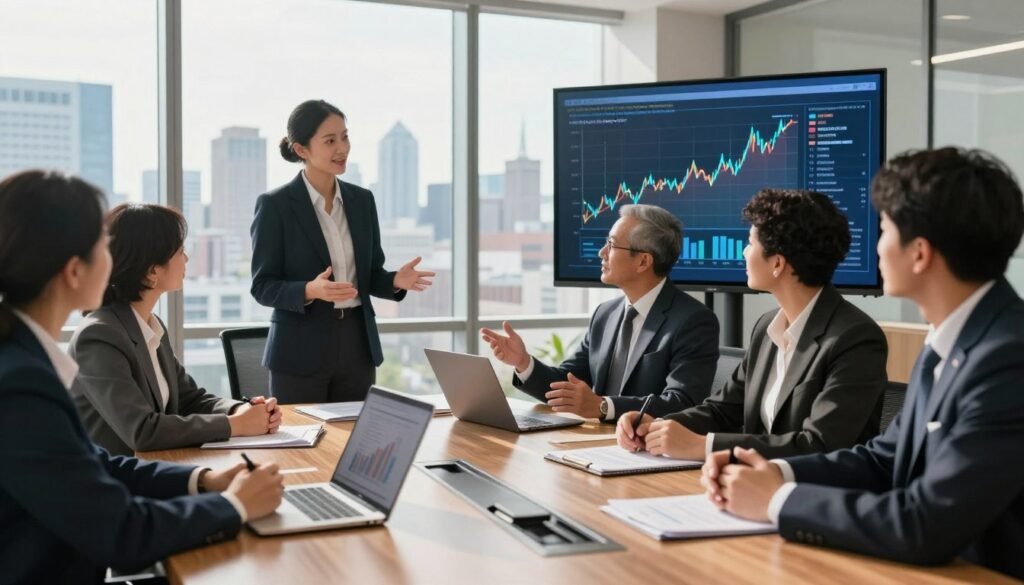 A professional financial consultant in a sleek office setting, engaging in a discussion with a diverse group of business professionals in smart business attire, showcasing collaboration on commercial real estate financing strategies. The foreground features a polished conference table with financial documents, laptops, and a large screen displaying a dynamic graph illustrating market trends. In the middle, the consultants are animatedly discussing financing options tailored for New Jersey's commercial properties, highlighting strategic plans and local market insights. The background includes large windows offering a panoramic view of a New Jersey skyline under bright daylight, creating an optimistic and professional atmosphere. The lighting is warm and inviting, with soft shadows that add depth to the scene, shot with a slight angle to accentuate engagement and teamwork.