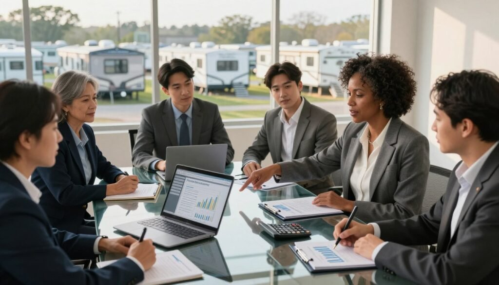 A professional financial meeting in a sleek conference room, focusing on a diverse group of well-dressed individuals discussing mobile home park financing. In the foreground, a middle-aged Black woman in a tailored suit points to a chart on a laptop, surrounded by colleagues including a young Caucasian man and an older Hispanic woman, all engaged and taking notes. The middle layer features a glass conference table with financial documents and calculators scattered around, symbolizing analysis and discussion. In the background, large windows reveal a view of a mobile home park, bathed in warm afternoon light, highlighting rows of mobile homes. The atmosphere is one of collaboration, clarity, and professionalism, suitable for the brand "Thorne CRE".