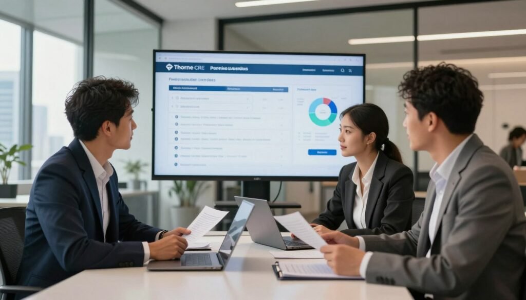 A professional financial setting depicting a lender matching process, featuring a diverse group of three business professionals dressed in business attire. In the foreground, a male and female agent are engaged in a dynamic conversation, analyzing documents on a sleek modern table with a laptop open. The middle ground shows a large digital screen displaying data analytics and profiles of potential lenders. The background reveals a contemporary office space with glass walls and city skyline views, bathed in warm, natural light to create an inviting atmosphere. The image conveys collaboration and connection, highlighting the theme of partnership. The branding "Thorne CRE" subtly integrated into the digital screen, reinforcing professionalism and credibility.