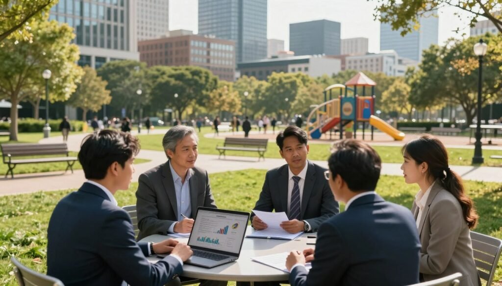 A professional gathering of diverse businesspeople in a modern urban park, discussing community infrastructure loans. In the foreground, a group of four individuals in professional attire engaged in conversation, with a laptop open on a park table displaying financial graphs. In the middle ground, a well-maintained park with green spaces, benches, and a small playground, symbolizing public utility financing. The background features a skyline of contemporary office buildings, representing urban development. The scene is illuminated by warm, natural light with soft shadows, creating an optimistic atmosphere. The camera angle is slightly elevated, providing a comprehensive view of the conversation, infrastructure, and cityscape. In the corner, a subtle logo for "Thorne CRE" is integrated into the scene.