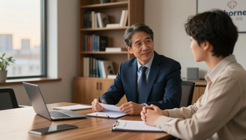A professional lender and a borrower sitting at a wooden conference table, engaged in a cordial discussion about loan terms. The lender, a middle-aged person in a tailored navy suit, exudes confidence and empathy, while the borrower, a younger individual in business casual attire, appears receptive and open. In the background, a warm-toned office environment with bookshelves filled with financial literature and a large window revealing a city skyline during golden hour. Soft natural light filters in, creating a welcoming atmosphere. The composition captures the essence of relationship-first negotiation, emphasizing collaboration over confrontation. The focus is sharp on the subjects with a slight blur in the background, using a 50mm lens for a portrait perspective that draws viewers into the conversation. Branding subtly included in the setting, reflecting "Thorne CRE".