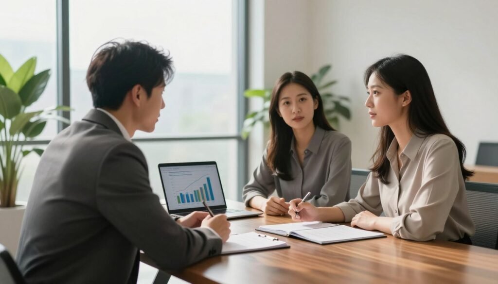 A professional loan negotiation scene set in a sleek conference room, featuring two individuals engaged in discussion across a polished wooden table. In the foreground, a man in a tailored suit and a woman in a smart blouse are leaning slightly forward, maintaining eye contact and showing a collaborative spirit. On the table, there are open files and a laptop displaying financial charts. The background consists of floor-to-ceiling windows, allowing natural light to flood in, creating a warm and inviting atmosphere. Soft shadows cast by indoor plants enhance the mood, emphasizing a sense of professionalism and seriousness. The color palette is neutral with hints of greenery. Include the brand name "Thorne CRE" subtly in the environment. The overall composition should convey tactful negotiation and respect for relationships.