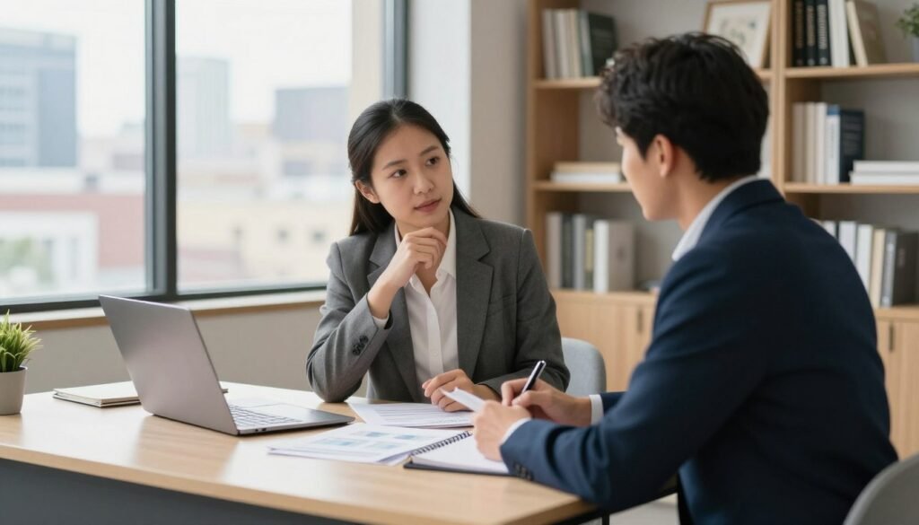 A professional loan officer in business attire, sitting at a modern desk adorned with financial documents and a laptop, engaged in a thoughtful conversation with a client. The client, also in business attire, is actively listening and taking notes, reflecting a sense of trust and collaboration. The setting is a well-lit office space with large windows showing a view of Kansas cityscape, giving a sense of location and depth. Soft, natural light streams in, creating a warm and inviting atmosphere. The background features shelves filled with books on finance and real estate, enhancing the professionalism of the scene. The focus is on the interaction between the two individuals, conveying personalized guidance and strategic approaches in commercial real estate financing.