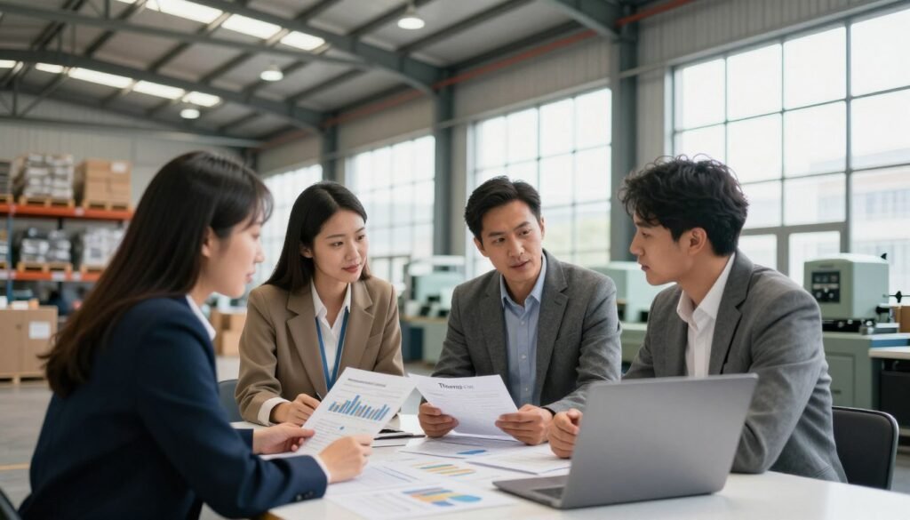 A professional-looking business meeting set in an industrial warehouse space, showcasing a group of three businesspeople in smart casual attire analyzing financial documents and graphs on a table with industrial equipment in the background. The scene is well-lit with natural light streaming through large windows, creating an open and airy atmosphere. The middle ground features warehouse shelves stocked with goods, while the foreground emphasizes a laptop displaying financing data. In the background, there are steel beams and machinery typical of an industrial space. The overall mood conveys collaboration and insightful discussion, symbolizing the intersection of industrial real estate and financing strategies. The logo "Thorne CRE" is subtly integrated into the scene without any text overlays.