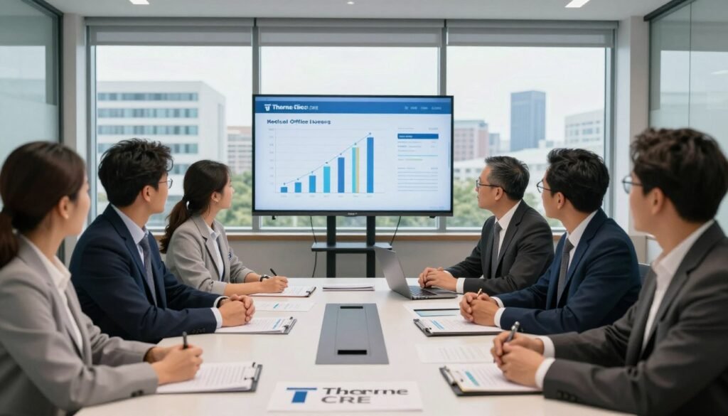 A professional medical office financing meeting taking place in a well-lit, modern conference room. In the foreground, a diverse group of business professionals in professional attire discussing financing options, with documents and charts scattered on a large table. In the middle, a sleek presentation screen displays graphs related to medical office loans. The atmosphere is focused and collaborative, reflecting a sense of urgency and determination. In the background, large windows reveal a view of a hospital and urban skyline, symbolizing growth and opportunity in healthcare real estate. Soft, natural lighting fills the room, enhancing the professional ambiance. Include the brand name "Thorne CRE" elegantly displayed in the meeting materials on the table.