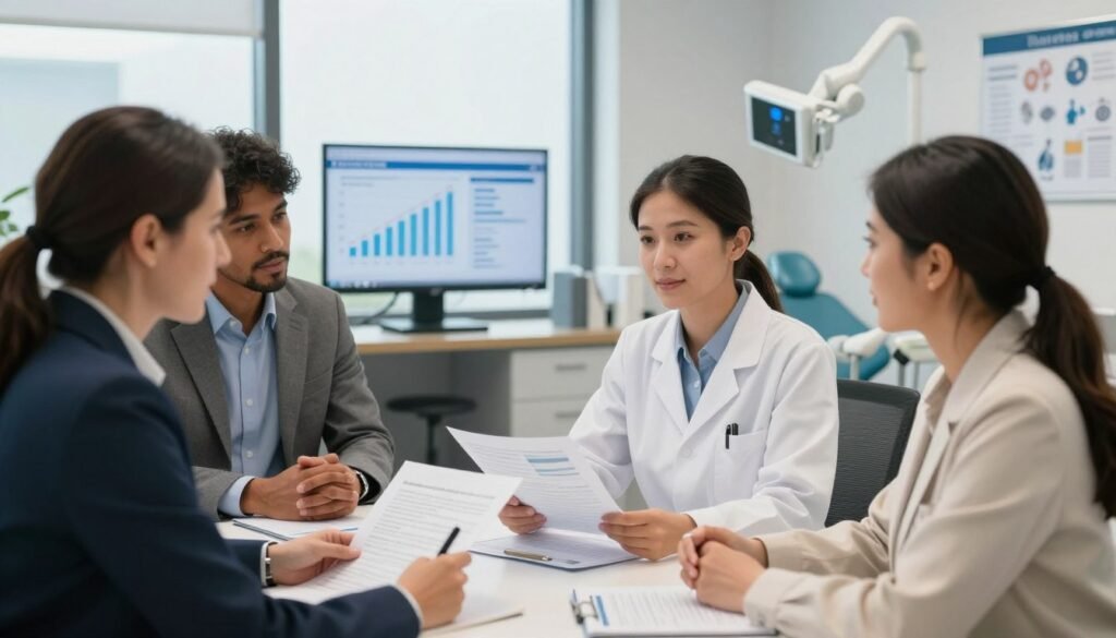 A professional medical office financing scene depicting a diverse group of business professionals in smart attire engaged in a discussion around a table. In the foreground, focused faces of a Caucasian male financial advisor and a Hispanic female dentist comparing financial documents and charts, illustrating a sense of collaboration. In the middle ground, a modern office environment featuring sleek furniture, a large window with natural light pouring in, and a digital screen displaying graphs related to medical office financing. In the background, subtle hints of medical and dental equipment, such as a dental chair and medical charts, can be seen, reinforcing the subject. The overall mood should convey optimism and professionalism, with warm lighting emphasizing a welcoming atmosphere. Include the brand name "Thorne CRE" subtly in the decor, ensuring it fits the professional setting. A professional medical office financing scene depicting a diverse group of business professionals in smart attire engaged in a discussion around a table. In the foreground, focused faces of a Caucasian male financial advisor and a Hispanic female dentist comparing financial documents and charts, illustrating a sense of collaboration. In the middle ground, a modern office environment featuring sleek furniture, a large window with natural light pouring in, and a digital screen displaying graphs related to medical office financing. In the background, subtle hints of medical and dental equipment, such as a dental chair and medical charts, can be seen, reinforcing the subject. The overall mood should convey optimism and professionalism, with warm lighting emphasizing a welcoming atmosphere. Include the brand name "Thorne CRE" subtly in the decor, ensuring it fits the professional setting.