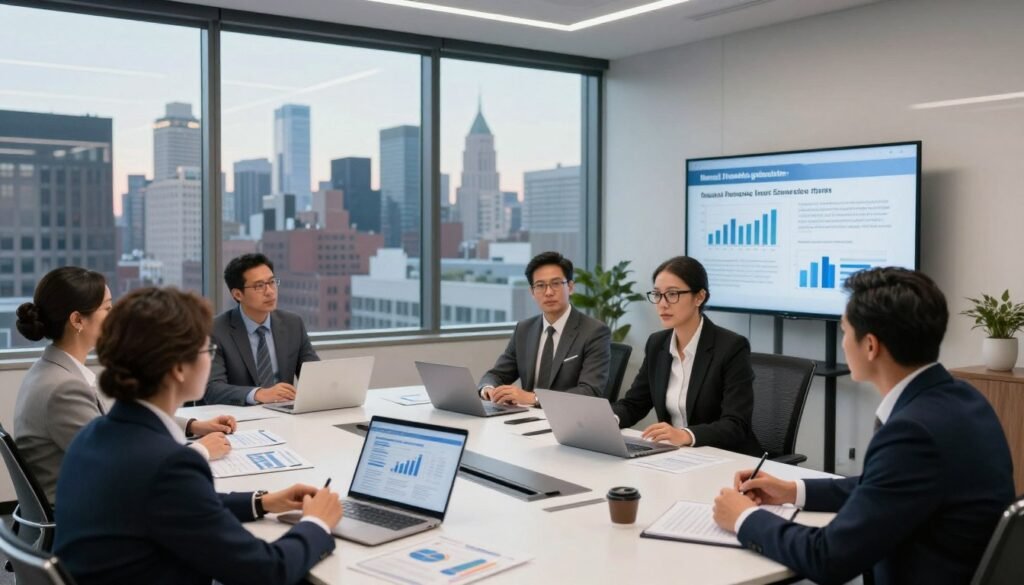 A professional meeting room showcasing a modern, well-lit office space with large windows overlooking a city skyline, specifically New Jersey's urban landscape. In the foreground, a diverse group of business professionals dressed in business attire is engaged in discussion, surrounded by documents and digital devices displaying impressive graphs and charts related to commercial real estate financing. The middle ground features a sleek conference table with financial reports and a laptop, while a large screen displays a presentation about various financing programs. The background captures the bustling city outside, with clear skies and a hint of evening light. The mood is focused and collaborative, emphasizing a sense of opportunity and strategy in the commercial real estate market.
