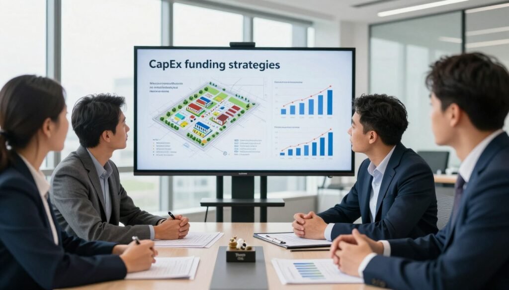 A professional meeting scene focused on "CapEx funding strategies" for major renovations in multifamily real estate. In the foreground, a diverse group of four professionals in business attire—two men and two women—are engaged in a discussion around a sleek conference table filled with blueprints and graphs. The middle layer features a large presentation screen displaying visuals of financing strategies, renovation plans, and investment growth charts. The background shows a bright, modern office space with large windows letting in natural light, creating an airy atmosphere. The lens focuses on the group with a slight depth of field effect, emphasizing their expressions of collaboration and innovation. Mood is dynamic and forward-thinking, reflecting professionalism and strategic planning. Include a subtle branding element of "Thorne CRE" on a small decorative item on the table.