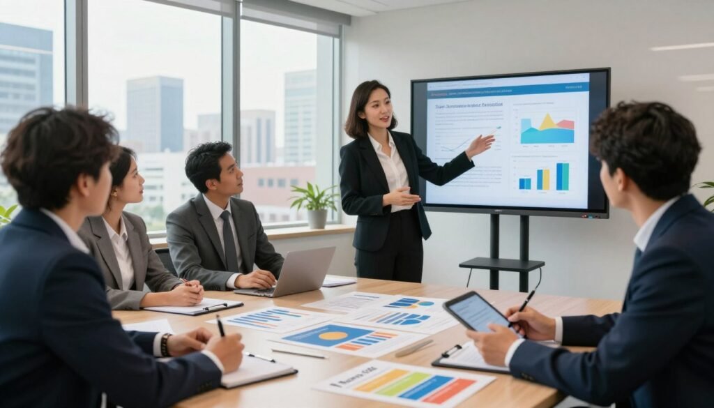 A professional meeting scene in a modern conference room, showcasing a diverse group of individuals in business attire discussing community project financing. In the foreground, a confident professional woman gestures towards a detailed financial presentation on a digital screen, while a man takes notes on a tablet. In the middle, an elegant table is filled with financial charts, graphs, and colorful project proposal documents, all branded with "Thorne CRE". The background features large windows revealing an urban skyline, flooded with natural light, creating an optimistic atmosphere. The lighting is bright and inviting, cast from both the screens and the sunlight, enhancing a sense of collaboration and innovation. The overall mood should be focused yet inspiring, reflecting the spirit of teamwork and strategic planning in real estate financing.