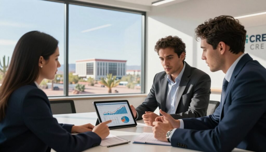A professional meeting scene set in a sleek, modern office in Arizona, focusing on commercial real estate. In the foreground, a diverse group of three business professionals, dressed in sharp business attire, are intently discussing a digital tablet displaying graphs and market trends. In the middle ground, a large window showcases a view of vibrant Arizona desert landscape, with prominent commercial buildings in the distance. Bright, natural light pours in from the window, casting soft shadows across the room. The atmosphere is one of collaboration and focus, emphasizing strategic planning and market timing. In the background, a logo of "Thorne CRE" is subtly incorporated on a wall. The composition is shot from a low angle, providing a sense of importance and engagement in the discussion. A professional meeting scene set in a sleek, modern office in Arizona, focusing on commercial real estate. In the foreground, a diverse group of three business professionals, dressed in sharp business attire, are intently discussing a digital tablet displaying graphs and market trends. In the middle ground, a large window showcases a view of vibrant Arizona desert landscape, with prominent commercial buildings in the distance. Bright, natural light pours in from the window, casting soft shadows across the room. The atmosphere is one of collaboration and focus, emphasizing strategic planning and market timing. In the background, a logo of "Thorne CRE" is subtly incorporated on a wall. The composition is shot from a low angle, providing a sense of importance and engagement in the discussion.
