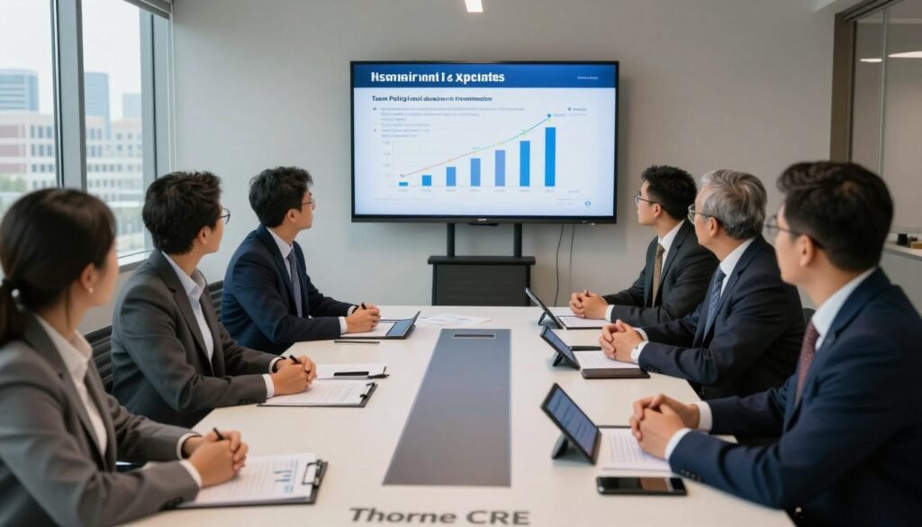 A professional meeting setting in a well-lit conference room where diverse business professionals are engaged in a discussion about tax policy updates impacting commercial real estate (CRE) investment in Mississippi. In the foreground, a diverse group of individuals, dressed in professional business attire, are gathered around a sleek, modern conference table covered with documents and digital tablets displaying graphs and data. The middle ground features a large screen displaying a detailed chart illustrating recent tax policies and their implications on capital formation. In the background, a window shows a view of a Mississippi skyline with modern architecture. The lighting is bright and focused, creating a positive and collaborative atmosphere, suitable for serious discussions about finance and investment. Include the brand name "Thorne CRE" prominently in the meeting materials on the table.